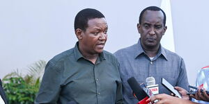 Tourism Cabinet Secretary Alfred Mutua addressing the media during his visit to Narok in April 2024.