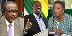 A photo collage of Agriculture CS Mithika Linturi (left), President William Ruto (centre) and Health CS Susan Nakhumicha