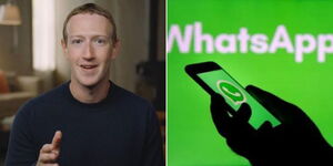 A photo collage of Meta Chief Executive Officer (CEO) Mark Zuckerberg speaking during the launch of Oculus Quest 2 on September 16, 2020, and a person using a phone with a WhatsApp logo.