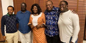 From Left: Jomo Kenyatta, Raila Odinga, Ida Odinga, Uhuru Kenyatta and Winnie Odinga posing for a photo on Tuesday September 6, 2022.