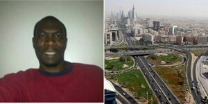 A collage of Stephen Munyakho (left) and an aerial view of Riyadh in Saudi Arabia (right)