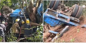 Accident after trailer ferrying logs of wood overturns along the Kerugoya- Karatina road 