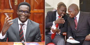 A photo collage of Ezra Chiloba and President William Ruto conversing with former Kisii Deputy Governor Joash Arthur Maangi at an event in 2019.
