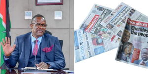 A photo collage of ICT CS Eliud Owalo and Standard and Nation Newspapers