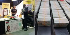 A photo collage of NTSA official at a driving licence display booth (left) and the smart driving licences.