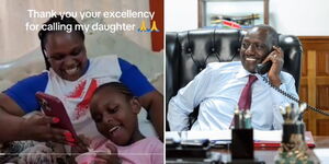 Mama Tinsely and her daughter (left) and President William Ruto on a phone call.