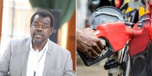 Photo collage of Busia Senator Okiya Omtatah during the presidential petition in 2022 and a fuel attendant pumping fuel into a car