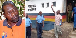 Photo collage of Pastor Mackenzie Speaking and him leaving Malindi Police Station in Kilifi County