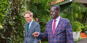 Azimio leader Raila Odinga and the High Commissioner of the United Kingdom to Kenya Neil Wigan on Friday, April 26, 2024. 
