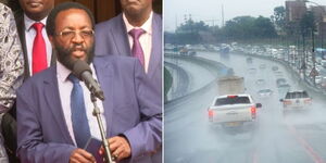 Kenya Meteorological Department boss David Gikungu addressing the media in November 2023 (left) and rains along Thika Road.