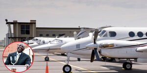 President William Ruto (left) and a collection of private jets in Kenya. 
