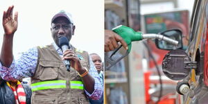 A photo collage of President William Ruto speaking during the launch of a project in Nyandarua County on April 6. 2023 (left) and a petrol attendant about to refill a car at a petrol station on March 24, 2022 (right).