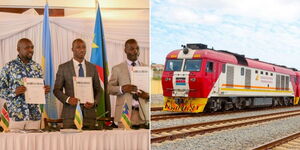 Transport Cabinet Secretary Kipchumba Murkomen alongside his counterparts Jimmy Gasore (Rwanda) and Fred Byamukama (Uganda) during the signing of the SGR extension communique on May 3, 2024 and an SGR train.