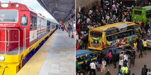 A photo collage of Kenyans boarding an SGR train in December 2022 (left) and people engaged in various activities at a bus stop in Nairobi.