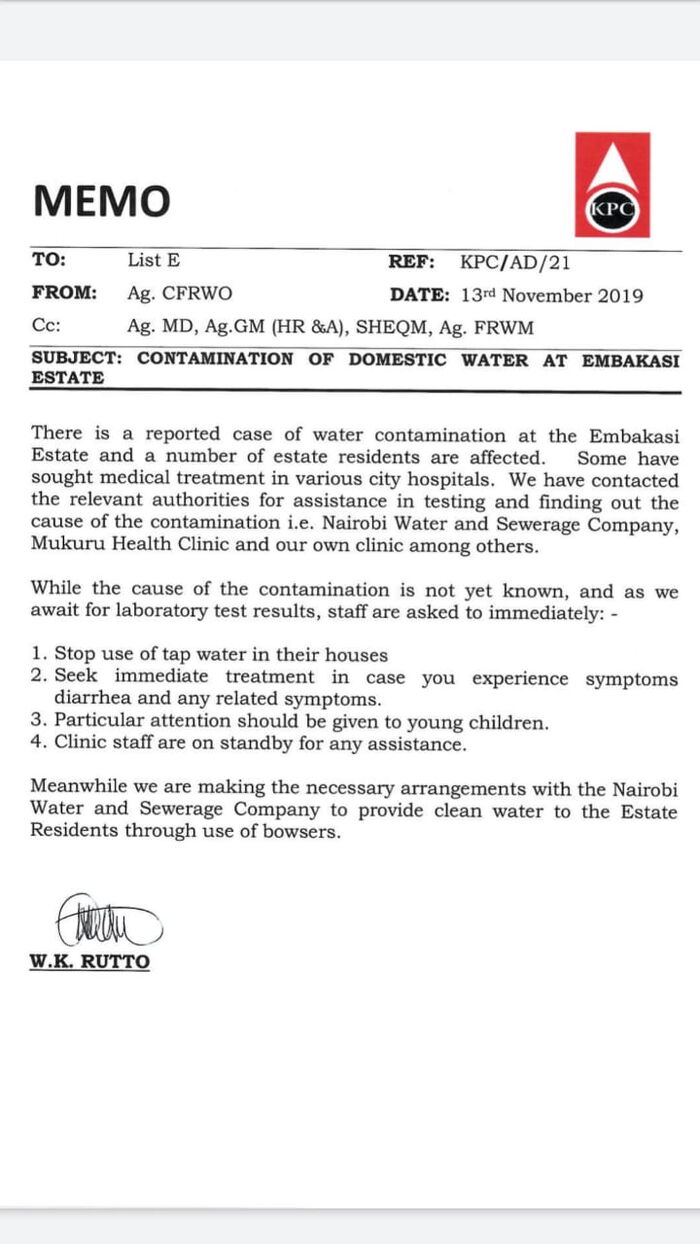 The memo issued by KPC on Wednesday, November 13, alerting Nairobi residents over water contamination